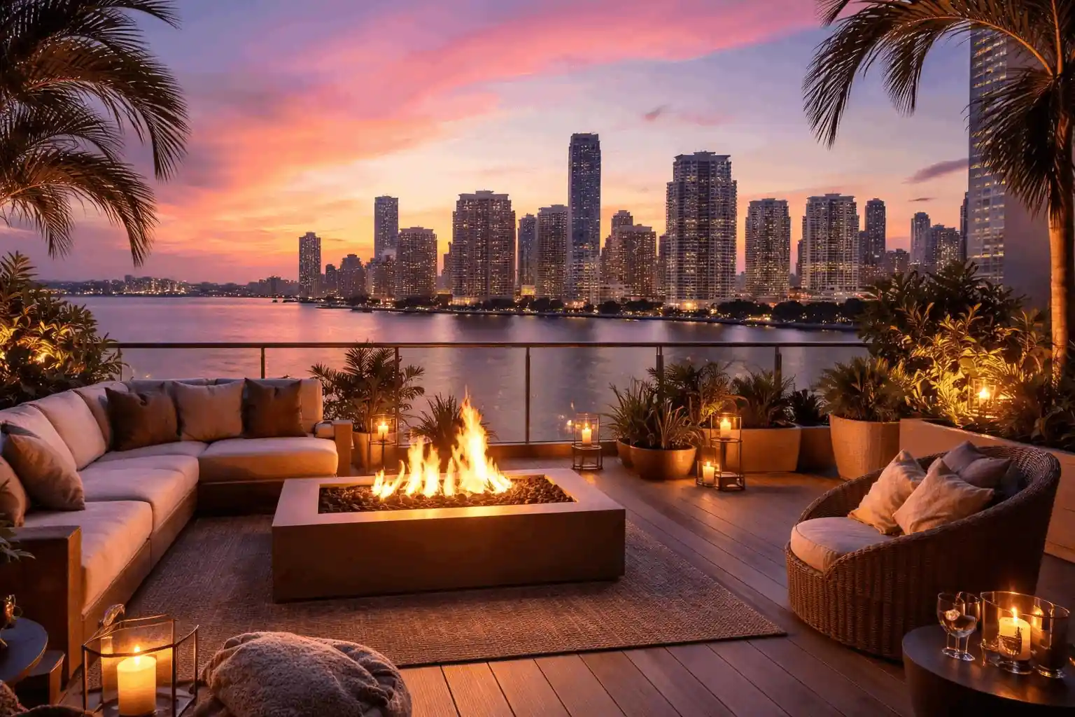 Luxury waterfront estate in South Florida at blue hour with private yacht docked on a canal — waterfront homes for sale Miami