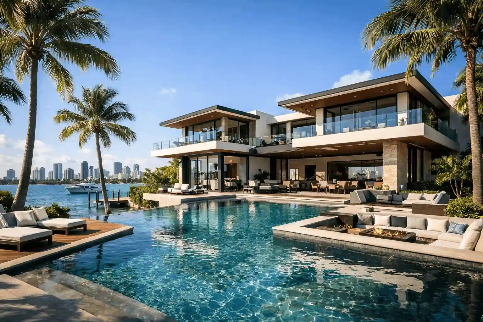 Luxury penthouse terrace with fire pit overlooking South Florida coastal city skyline at twilight — penthouse condos for sale Miami